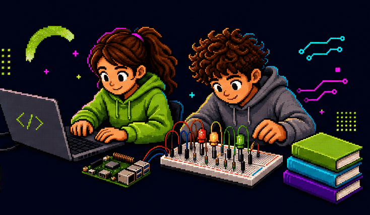 Pixel-Art: Zwei Kinder tüfteln gemeinsam an Laptop und Elektronik