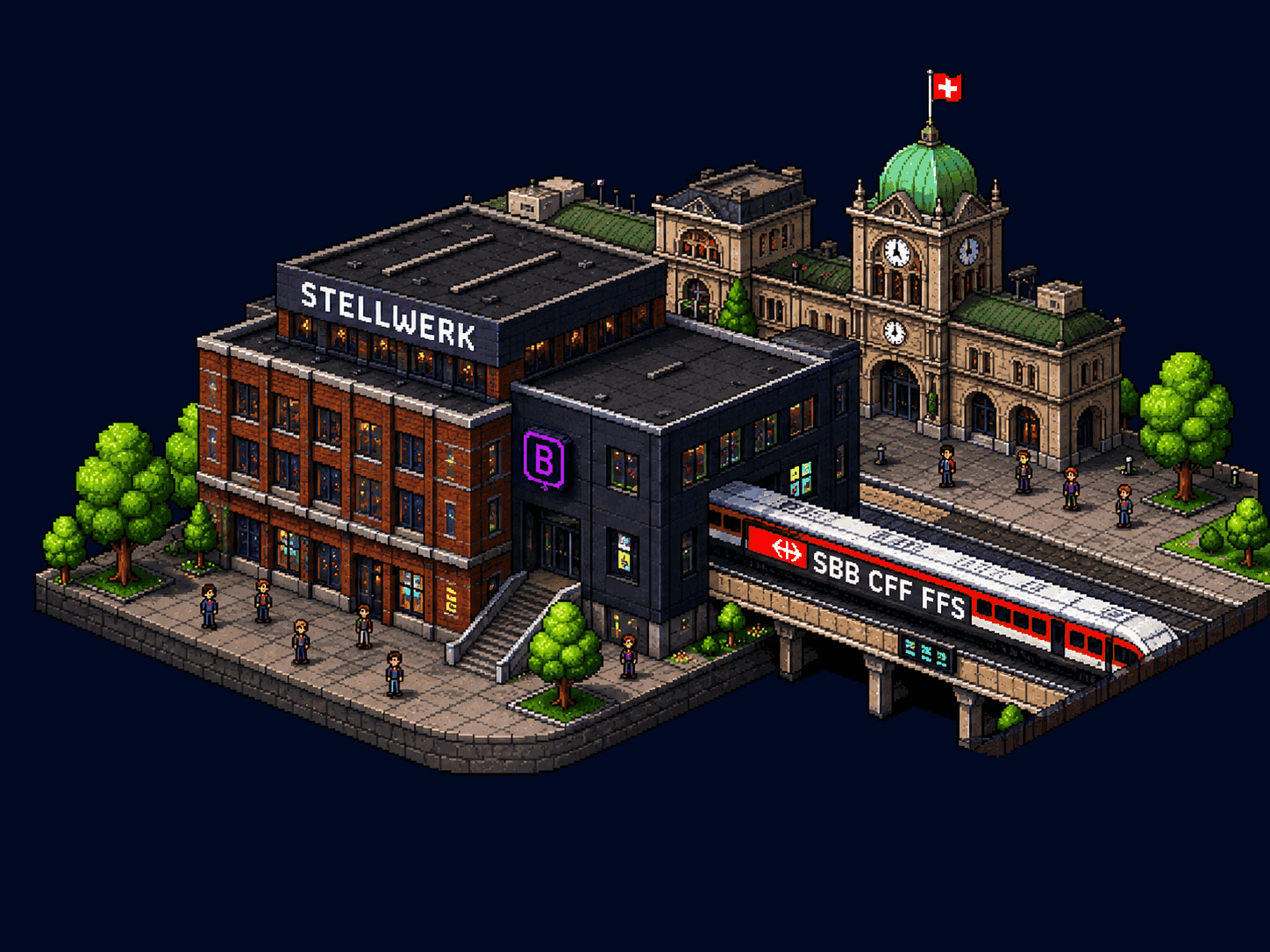 Isometrische Pixel-Art-Illustration des Bahnhofs Bern