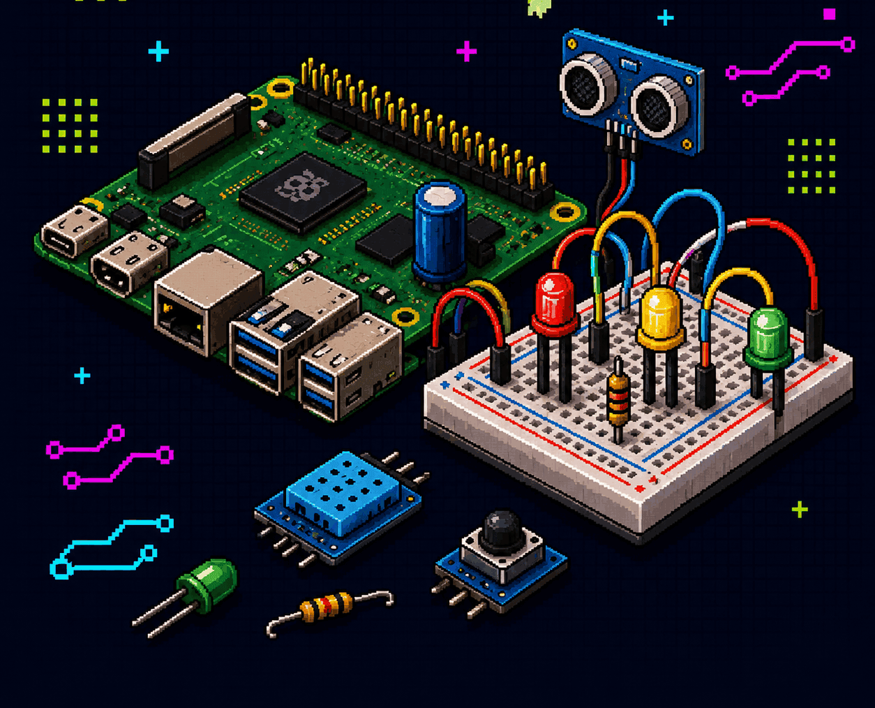 Pixel-Illustration zur Themenwelt IoT & Elektronik